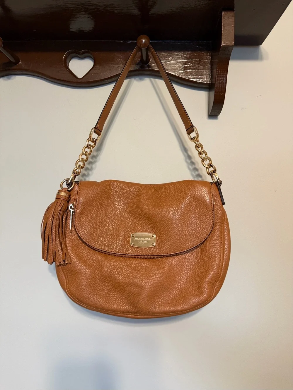 Michael Kors Cognac Leather Shoulder Bag with Tassel and Gold Chain